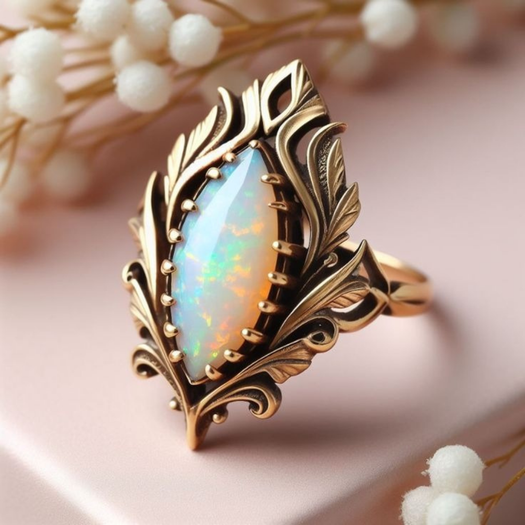 Vintage Opal Leaf Filigree Ring